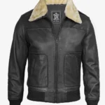 Men Black Leather Bomber Jacket - Fur Collar