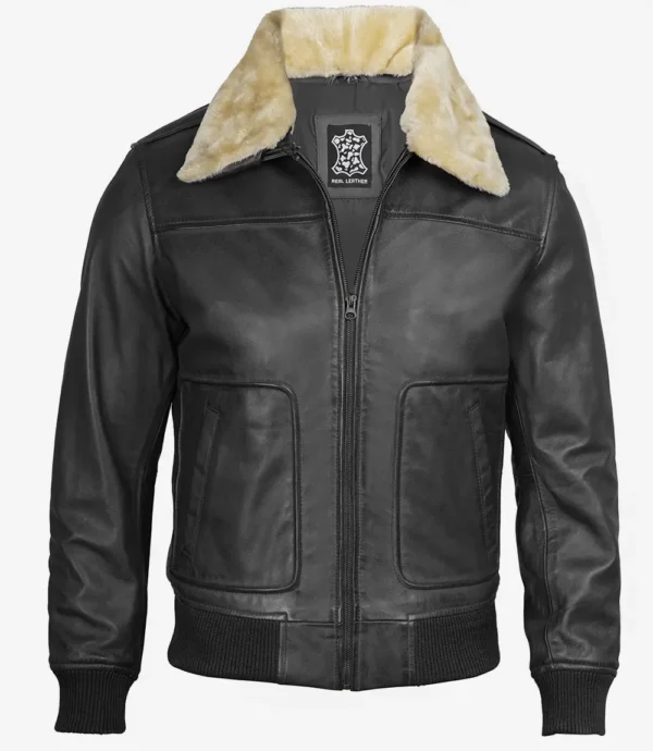 Men Black Leather Bomber Jacket