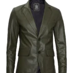 Mens Two Button Olive Green Leather Blazer