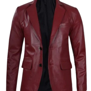 Men's maroon leather blazer jacket
