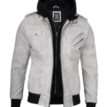 Mens Off White Waxed Leather Jacket with Hood