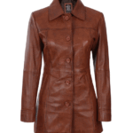Womens Cognac Brown Leather Car Coat