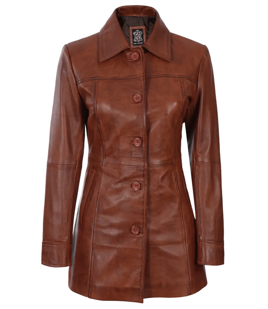 Womens Cognac Brown Leather Car Coat