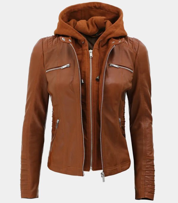 Cognac Brown Womens Leather Jacket With Removable Hood