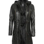 Womens Black Leather Hooded Coat - 3/4 Length