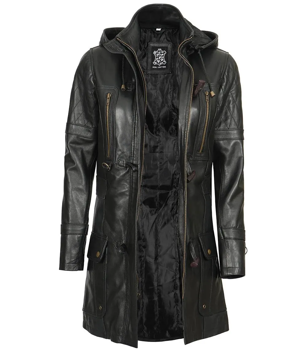 Womens Black Leather Hooded Coat