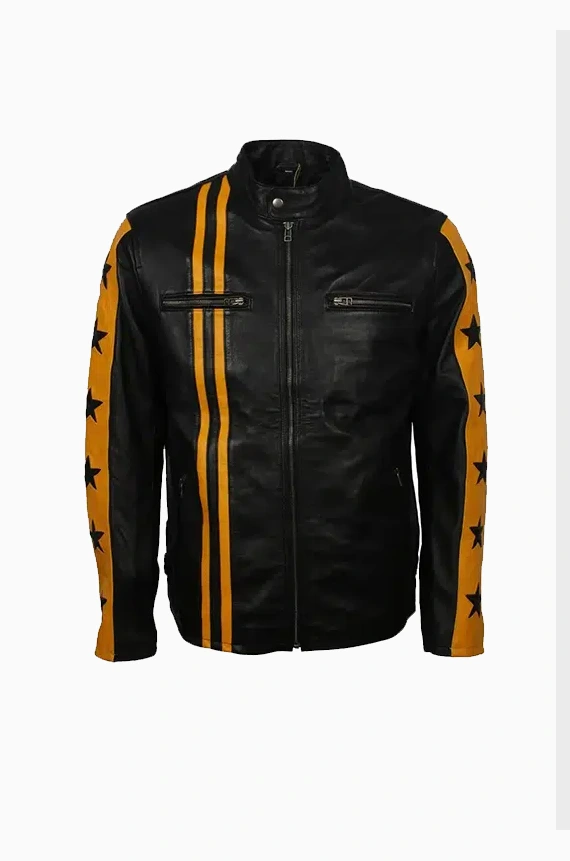 Mens Cafe Racer Yellow Star Leather Jacket