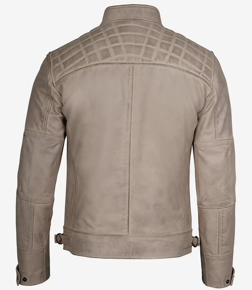 Beige Leather Cafe Racer Jacket