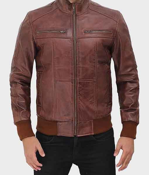 Brown leather biker bomber jacket for men