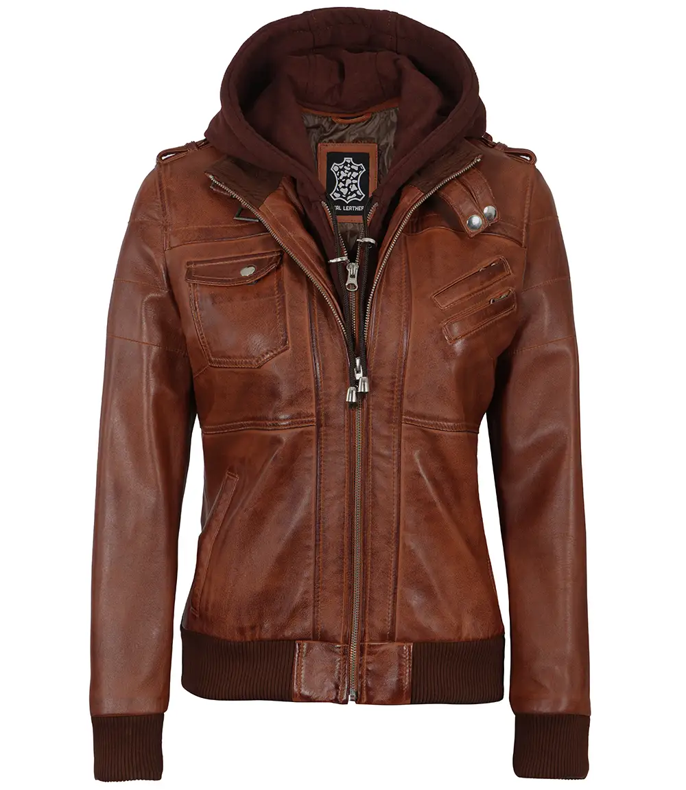 Cognac Brown Leather Bomber Jacket