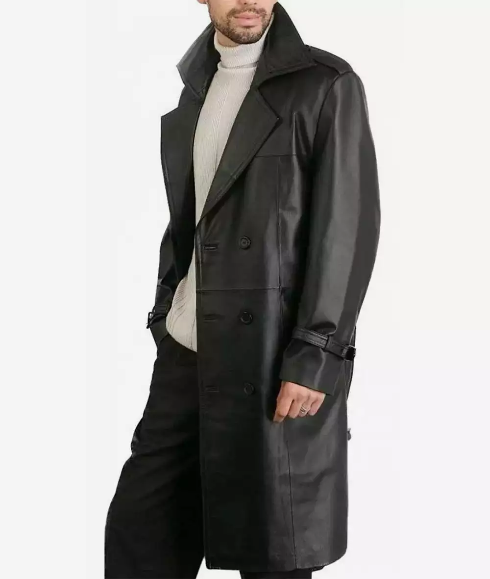 Black Lambskin Leather Knee-Length Coat