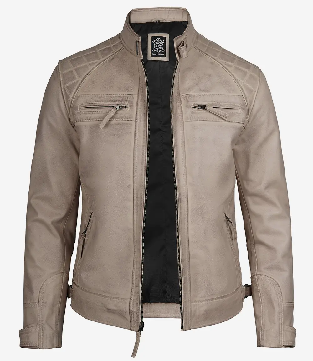 Beige Leather Cafe Racer Jacket