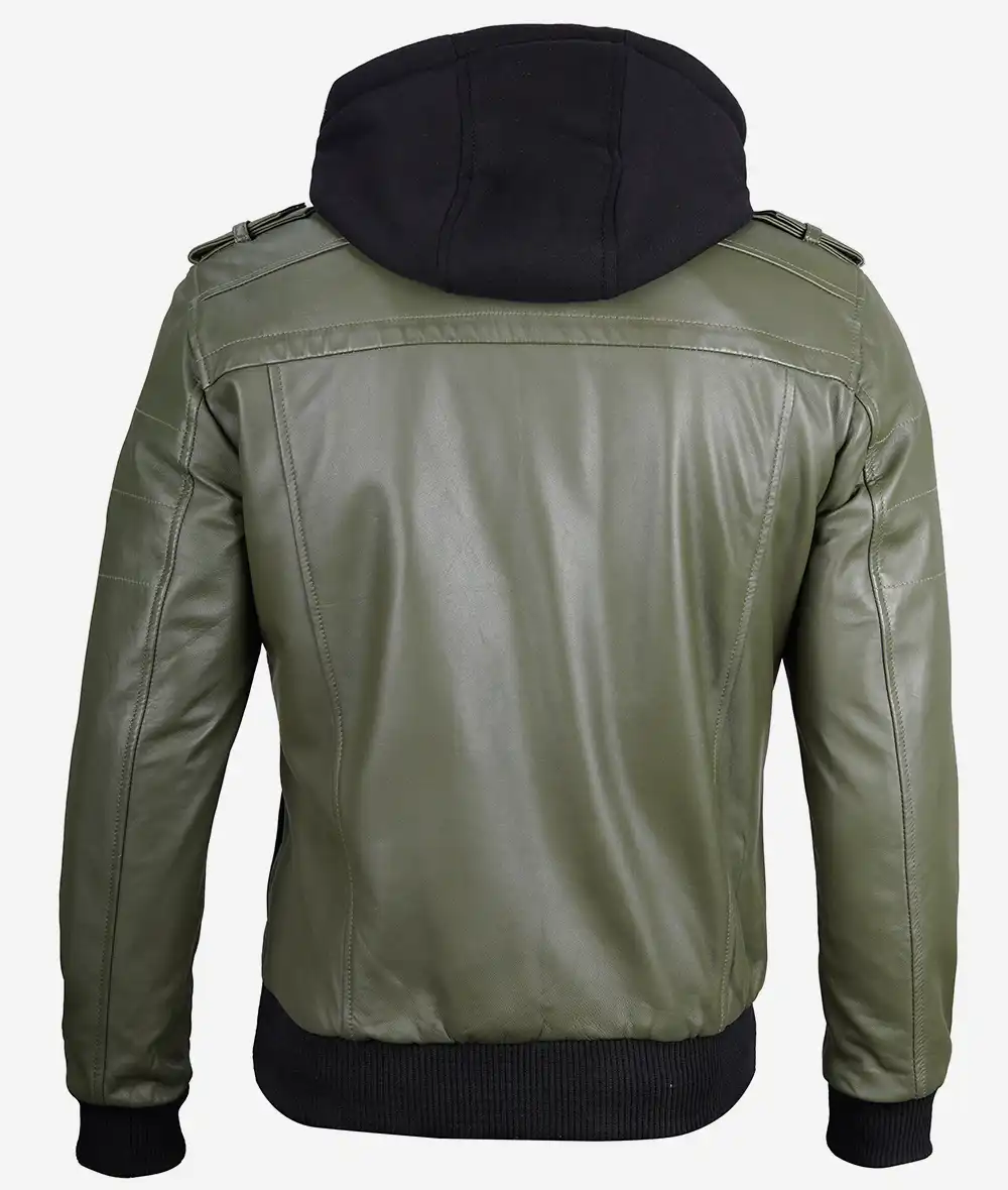 Green Hooded Leather Bomber Jacket