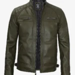 Premium Olive Green Cafe Racer Leather Jacket Men Quilted Edition