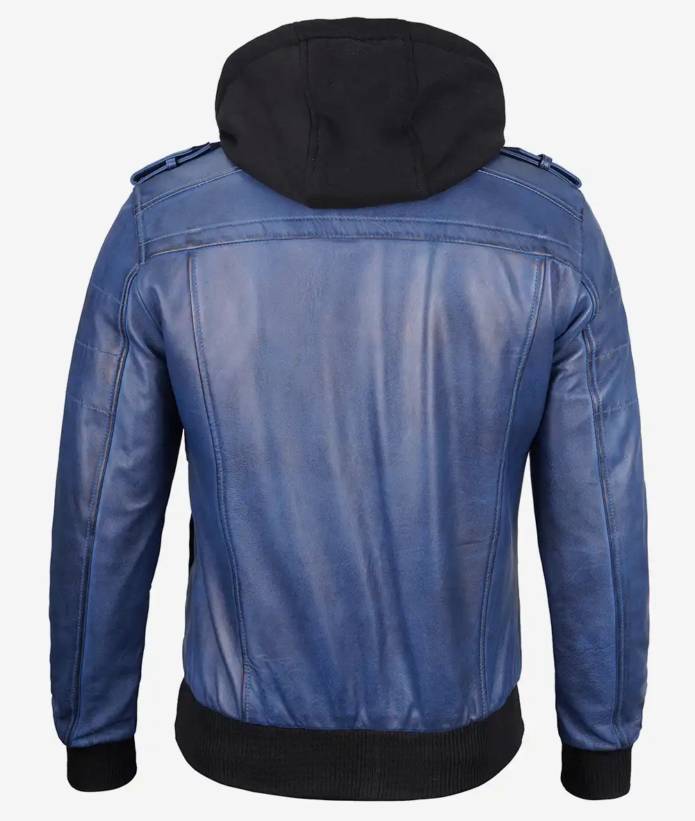 Mens Blue Wax Leather Jacket With Hood