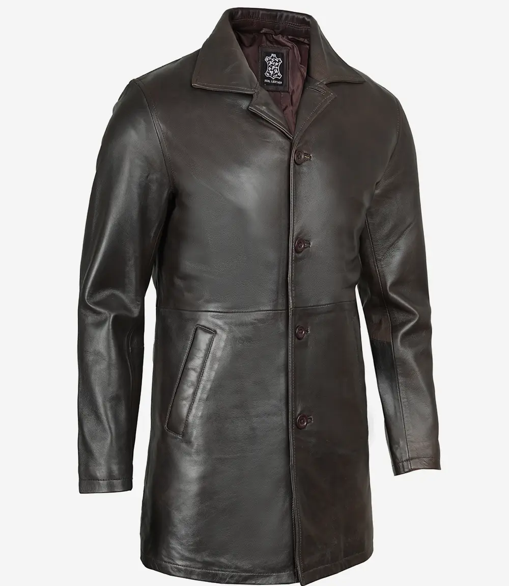 Mens Dark Brown Leather Car Coat