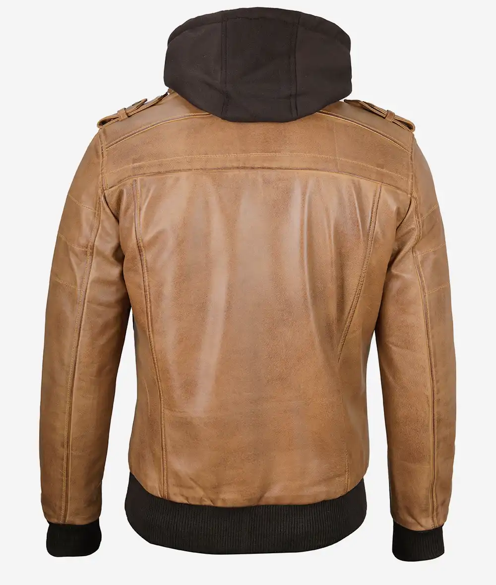 Camel Brown Leather Bomber Jacket