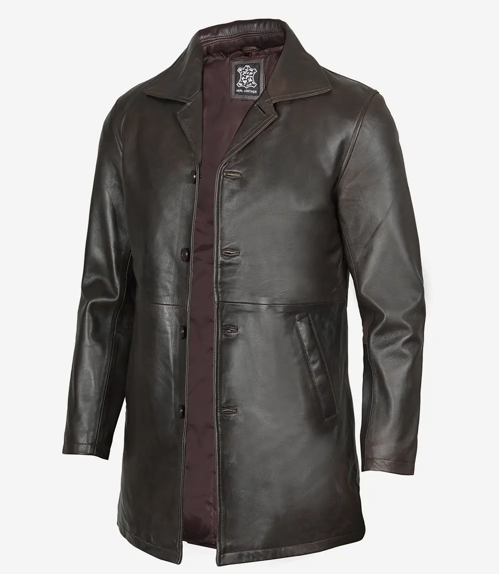 Dark brown 3/4 length leather car coat for men