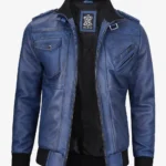 Mens Blue Wax Leather Jacket With Hood