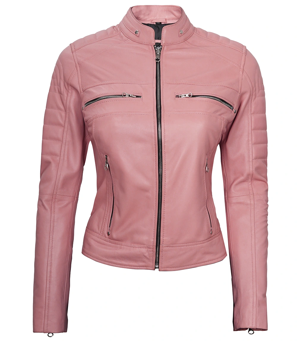 Womens Pink Leather Cafe Racer Jacket