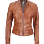 Tan Brown Leather Cafe Racer Jacket For Women