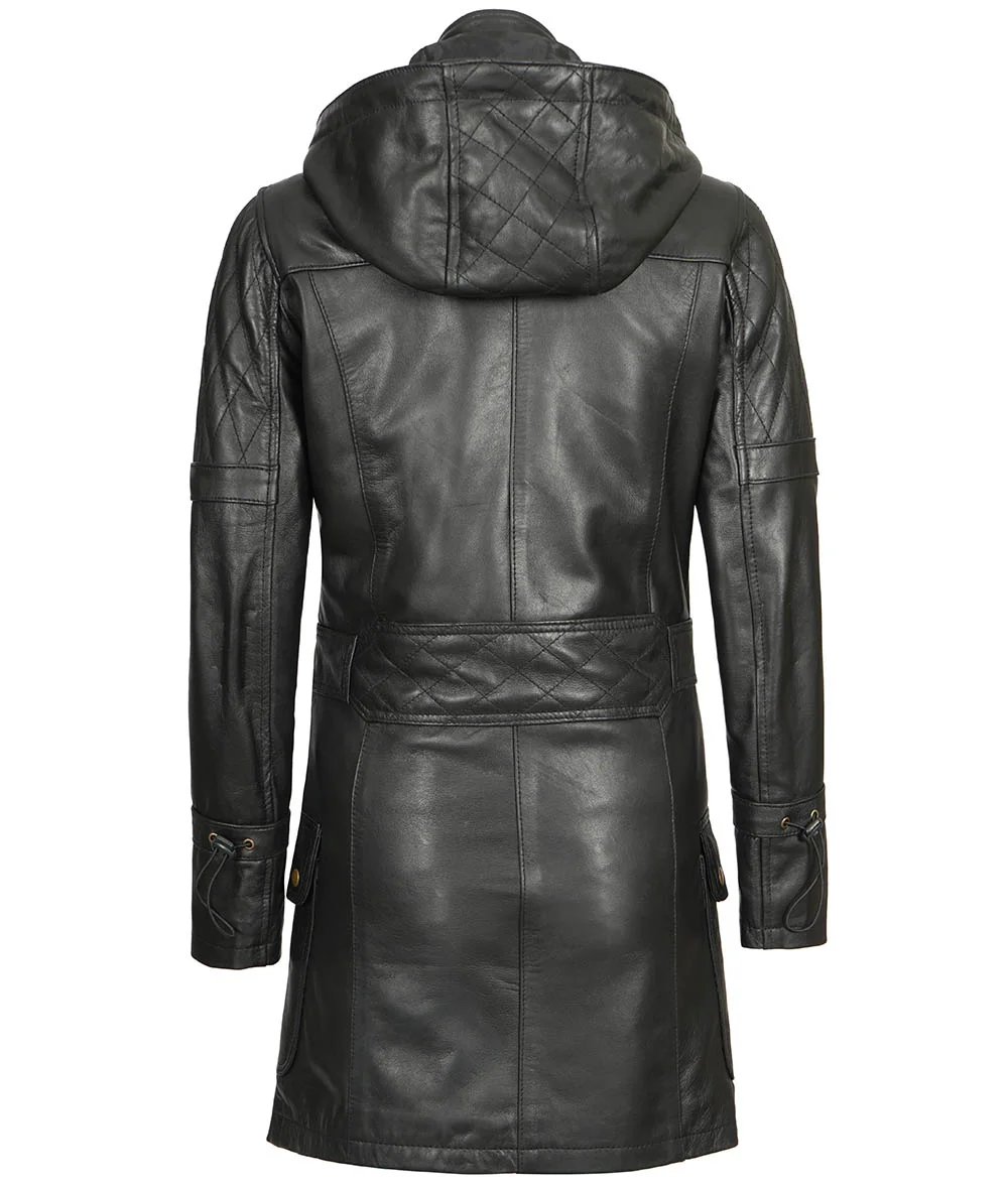 Womens Black Leather Hooded Coat