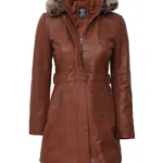 Women Brown Leather Fur Coat Removable Hood