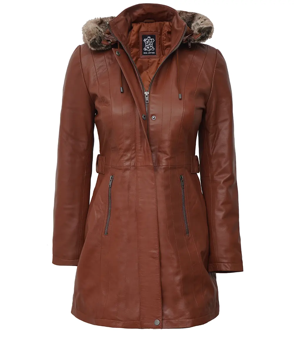 Women Brown Leather Fur Coat