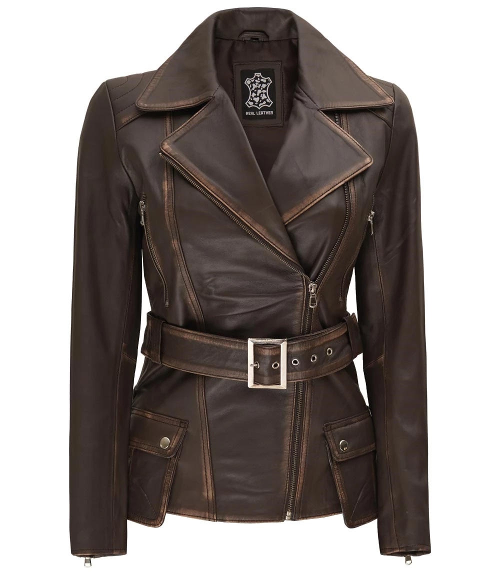 Distressed Brown Asymmetrical Leather Jacket