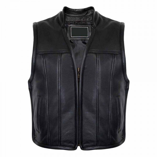 Zipper Leather Vest Biker In Black