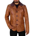 Lyxis Distressed Leather Double Breasted Mens Winter Coat
