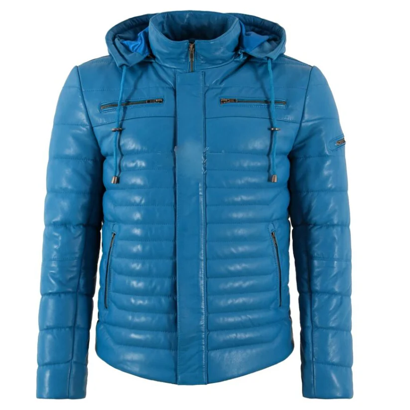 Men Puffer Hooded Leather Jacket