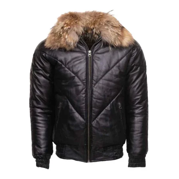 Mens Black Bomber Puffer Leather Jacket