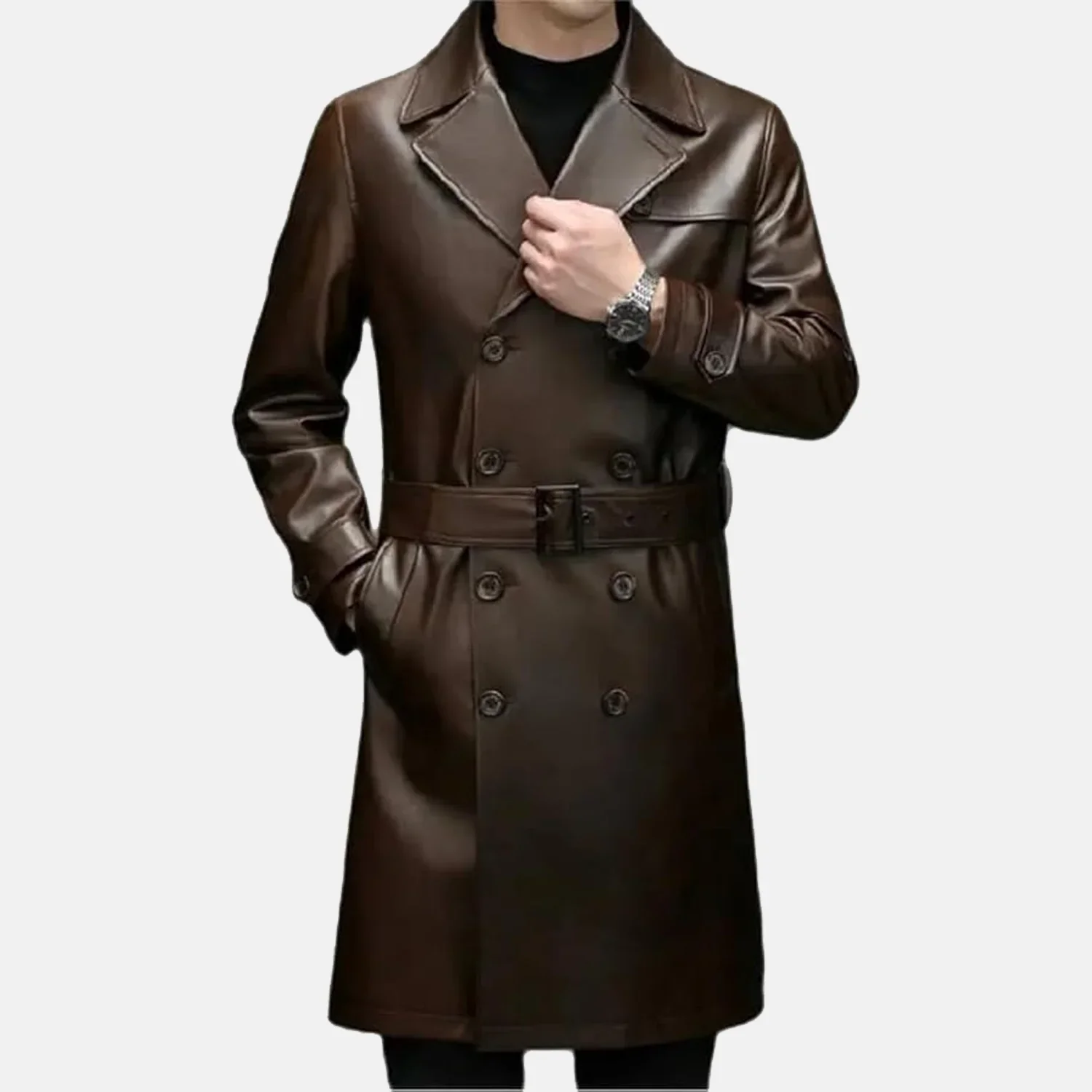 Men’s Brown Sheepskin Leather Duster Coat