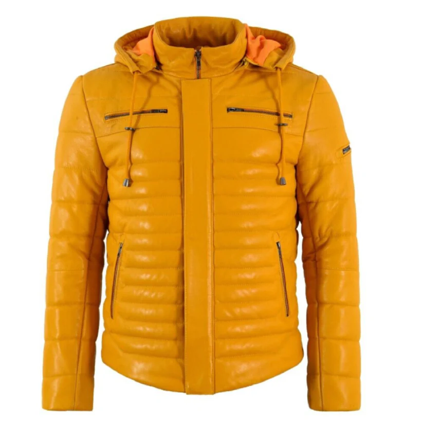 Men's Puffer Hooded Real Leather Jacket