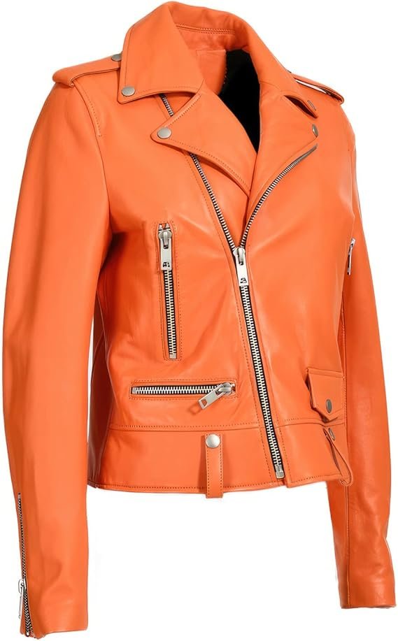 Women’s Orange Biker Leather Jacket