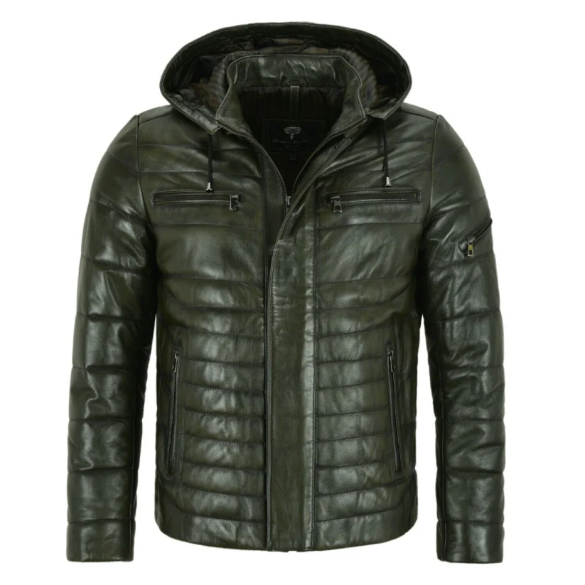 Men's Puffer Real Hooded Leather Jacket