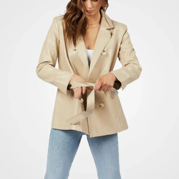 Womens Beige Double Breasted Leather Coat