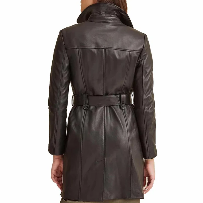 Women Brown Leather Belted Trench Coat