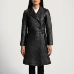 Womens Black Leather Quilted Trench Coat