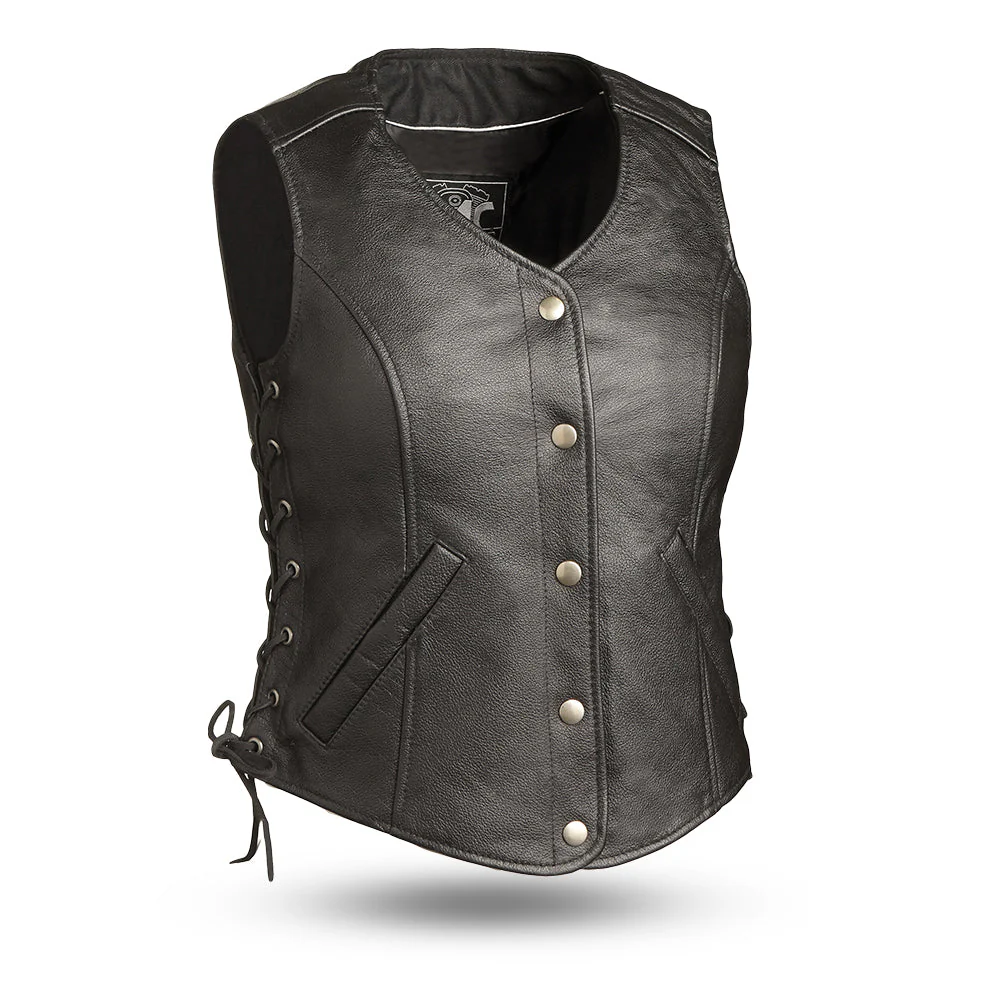 Women Black Side Lace Motorcycle Leather Vest