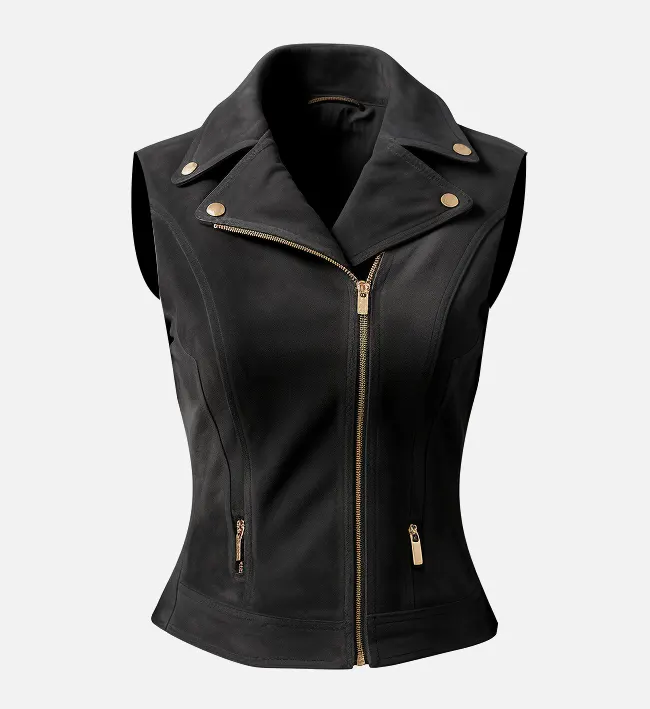 Women Black Suede Leather Biker Vest