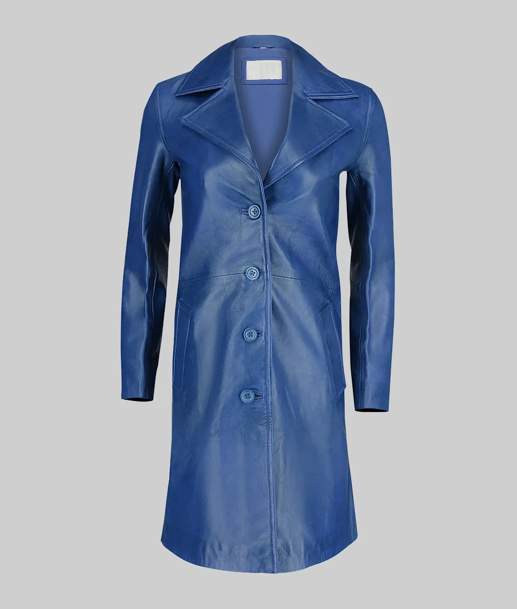 Womens Minimalist Blue Leather Trench Coat