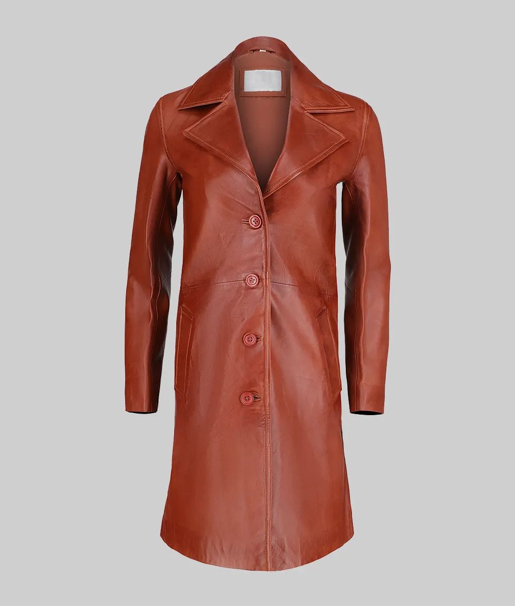 Womens Minimalist Brown Leather Trench Coat
