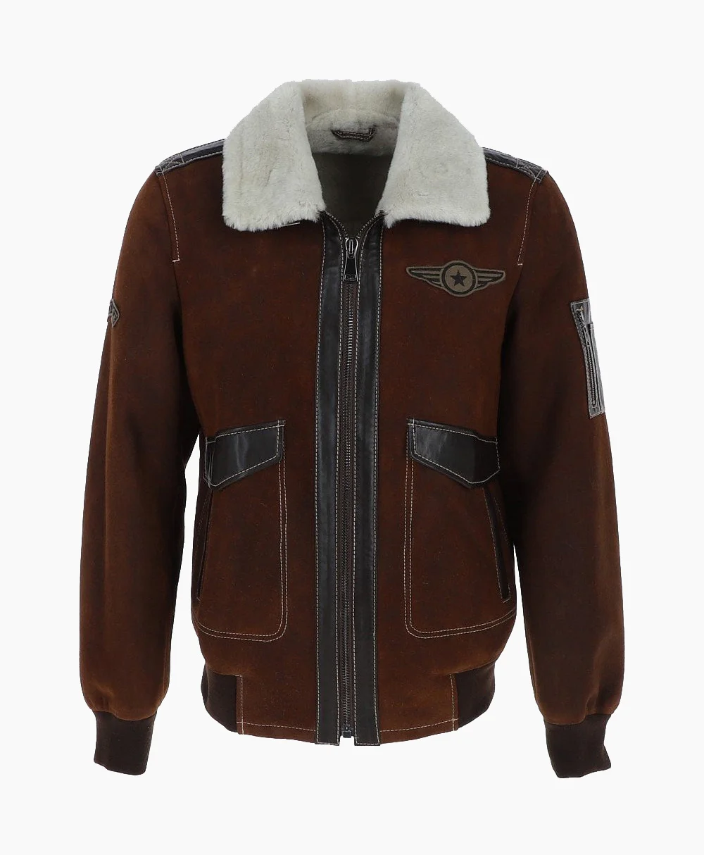 Men NC Air Force Brown Sheepskin Pilot Jacket