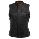 Women Black Motorcycle Club Leather Vest With Concealed