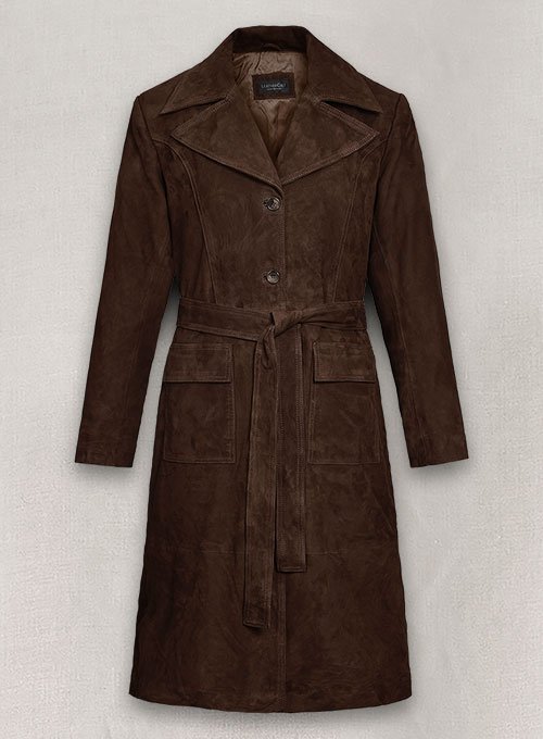 Womens Dark Brown Suede Leather Trench Coat