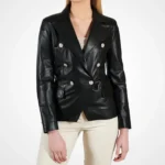 Womens Black Double Breasted Leather Coat