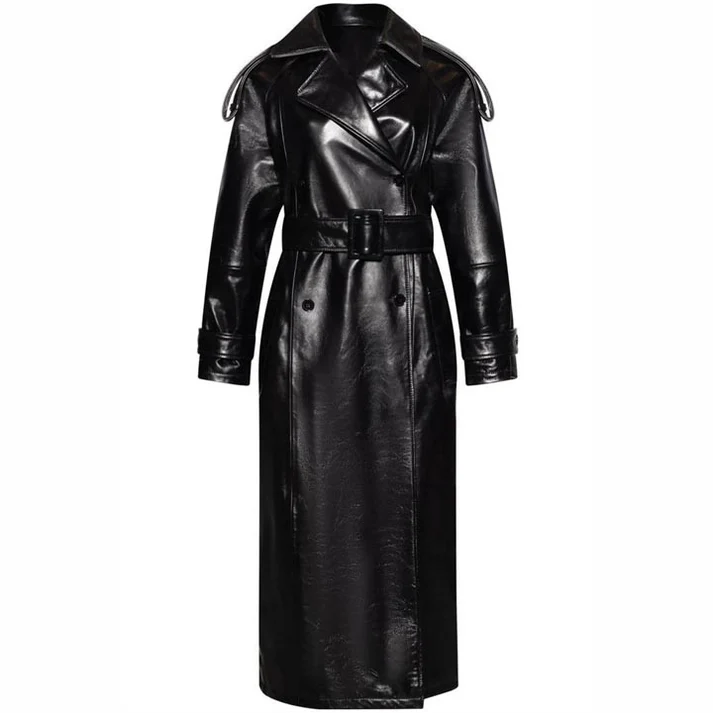 Women Genuine Leather Black Trench Coat