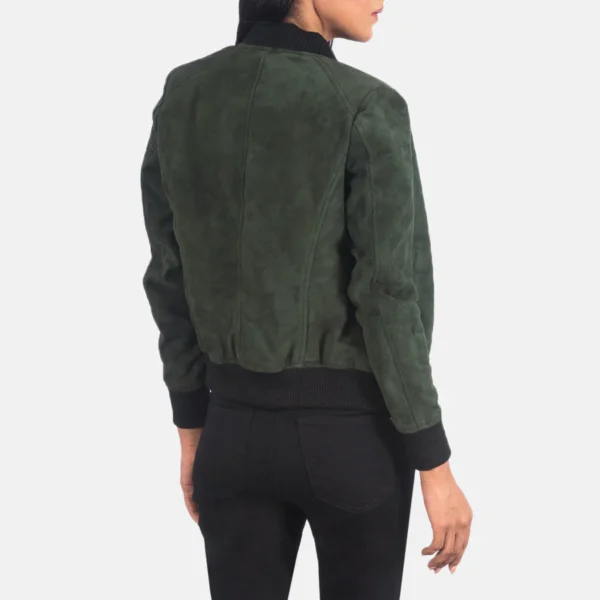 Women Green Suede Bomber Jacket